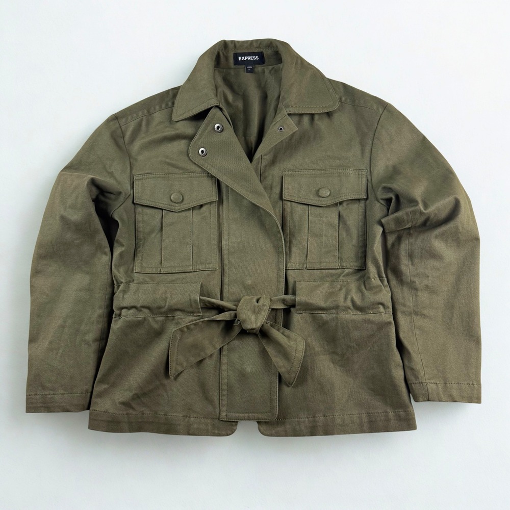 Express Utility Jacket Womens XS Olive Green Field Belted Cargo Military Coat